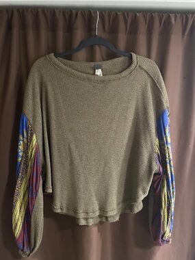 We The Free Olive Green Waffle Knit Pullover with Patterned Balloon Sleeves